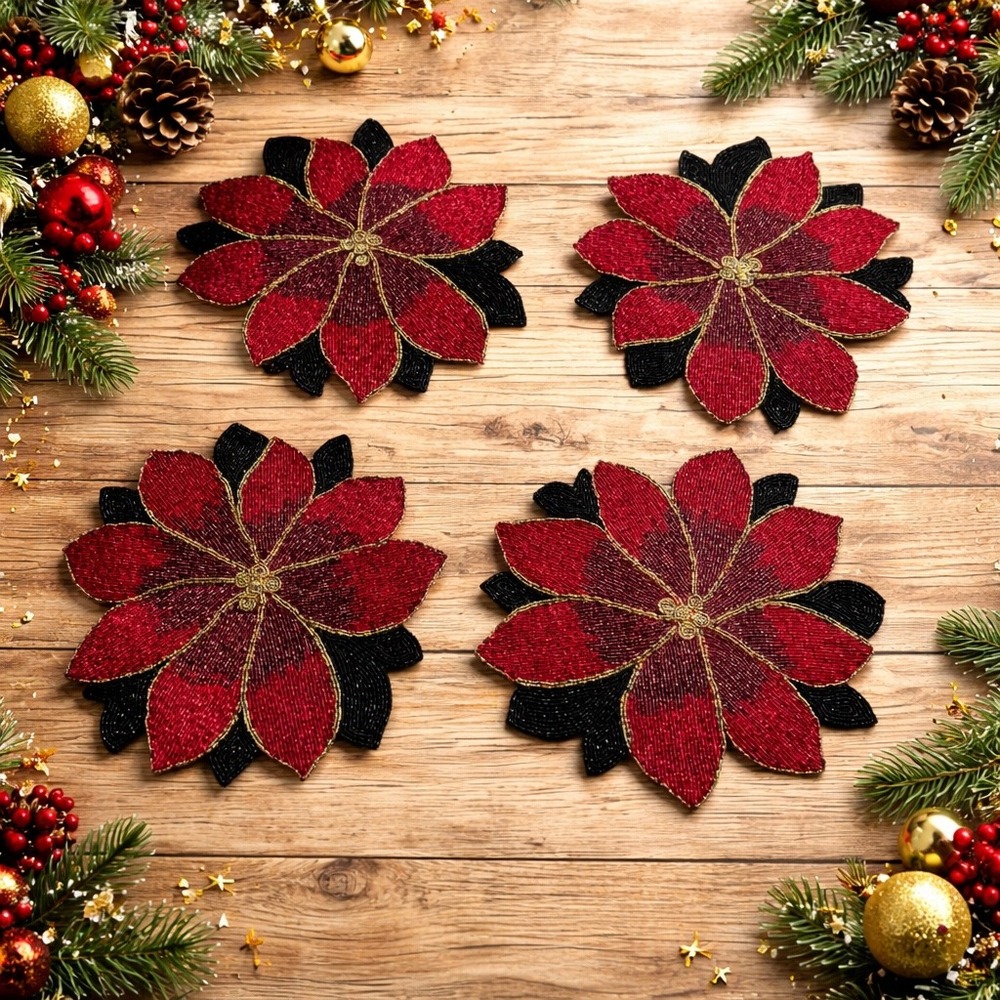 Vintage Beaded Poinsettia Holiday Placemats Set Of 4 Red/Green/Gold Chargers